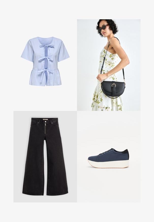 Blusa de manga corta a rayas en azul claro y blanco, con escote redondeado, cierre delantero atado y dobladillo peplum. Fabricada en suave algodón.; Jeans de pierna ancha en denim negro con cierre frontal, diseño de cinco bolsillos y detalles de costura sutiles. Textura suave y estilo casual.; Zapatilla de color azul marino con parte superior de tejido texturizado, suela de plataforma blanca, punta redondeada y acento en el talón negro. Cuenta con seis ojales para los cordones.; Bolso de piel negra con forma curva, correa desmontable y herrajes dorados. El bolso cuenta con una solapa con un detalle de hebilla.