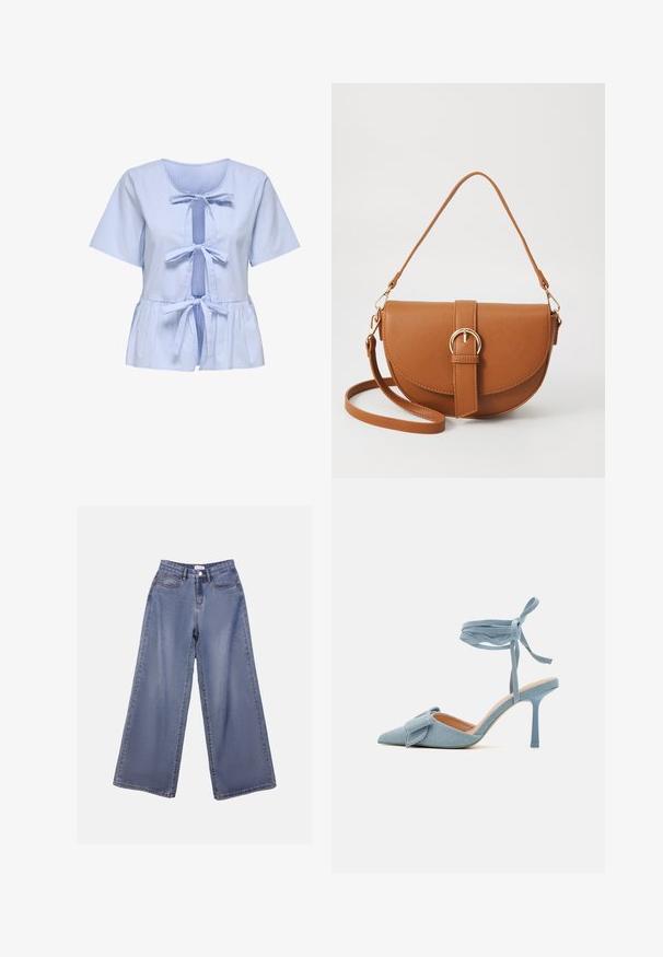 Striped short-sleeve blouse in light blue and white, featuring a scoop neck, tied front closure, and a peplum hem. Soft cotton fabric.; Wide-leg denim jeans in a light blue wash, featuring a high waist, front pockets, and a button closure with belt loops.; Pointed-toe high heel shoe in light blue fabric with a textured finish, featuring a bow accent and ankle strap for secure fit.; Brown leather crossbody bag with a curved shape, gold hardware, and a buckle accent. Features a detachable shoulder strap.