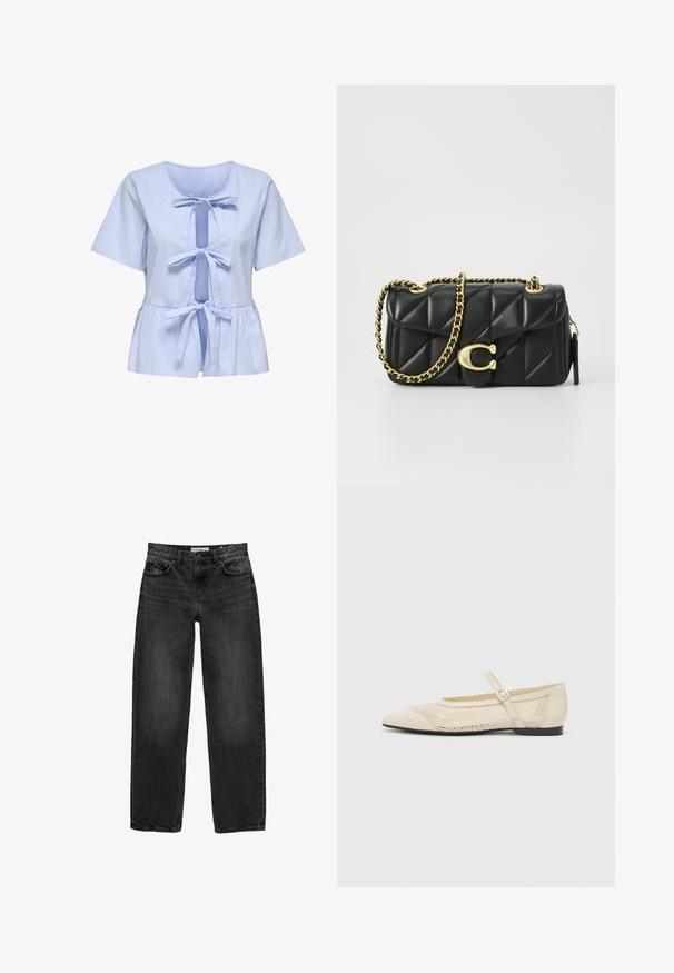 Blusa a righe maniche corte in azzurro chiaro e bianco, con scollo a barca, chiusura frontale annodata e orlo a peplo. Tessuto di cotone morbido.; Jeans in denim nero con una vestibilità rilassata, gamba dritta, design a cinque tasche e una texture leggermente sbiadita. Chiusura con bottone e zip nella parte anteriore.; Ballerine beige con punta affusolata, sovrapposizione in rete e cinturino laterale con fibbia. Suola piatta con una texture liscia.; Borsa a tracolla in pelle nera trapuntata con una catena dorata e un fermaglio a scatto con un accento circolare. Forma rettangolare compatta.