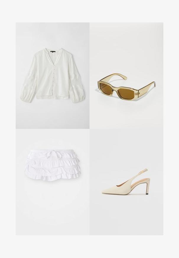 Fehér blúz V nyakkal, gombos záródással, áttetsző, hímzett hosszú ujjakra, amelyek hullámos mintázattal és texturált díszítésekkel rendelkeznek.; Fehér, fodros fürdőszoknya többrétegű kialakítással, húzózsinórral a derék beállításához. Puha anyag, sima felülettel.; Beige bőr, slingback sarkú cipők, hegyes orral, nyitott oldalú kialakítással és vékony magas sarkú talppal. Arany díszítéssel rendelkezik a pánton.; Átlátszó borostyánszínű napszemüveg téglalap alakú lencsékkel, vastag szárakkal és fényes felülettel, az oldalon egy finom logóval.