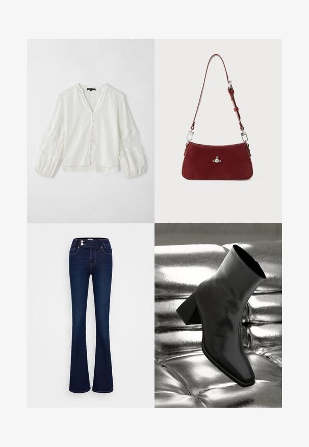 Weiße Bluse mit V-Ausschnitt, Knopfverschluss und durchsichtigen, bestickten langen Ärmeln mit einem wellenförmigen Muster und strukturierten Akzenten.; Dunkelblaue Schlagjeans mit hoher Taille, zwei Fronttaschen und zwei Knopfverschlüssen. Hergestellt aus Denim mit glatter Textur.; Schwarzer Knöchelstiefel aus glänzendem Material mit quadratischer Zehenform und verjüngtem Absatz, vor einem glänzenden silbernen gepolsterten Hintergrund.; Rote Wildleder Schultertasche mit einer curved Form. Verfügt über einen silberfarbenen Akzent und einen verstellbaren Trageriemen mit Hardware-Details. Glatte Textur.