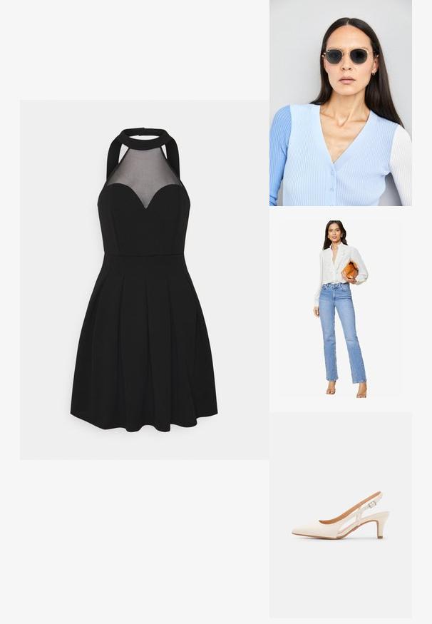 Lipsy REGULAR FIT-RUFFLE PLACKET - Button-down blouse - white; Black dress with a halter neck and mesh panel. Features a sweetheart neckline, pleated skirt, and fitted bodice. Smooth fabric texture.; White slingback heel with a pointed toe, smooth upper material, low block heel, and side cut-out design with adjustable buckle strap.; Round sunglasses with dark lenses and gold frames. The model wears a light blue, ribbed cardigan with buttons and contrast white sleeves.; Michael Kors wristlet in beige coated canvas featuring a repeating MK logo pattern, gold hardware, and a detachable chain strap.