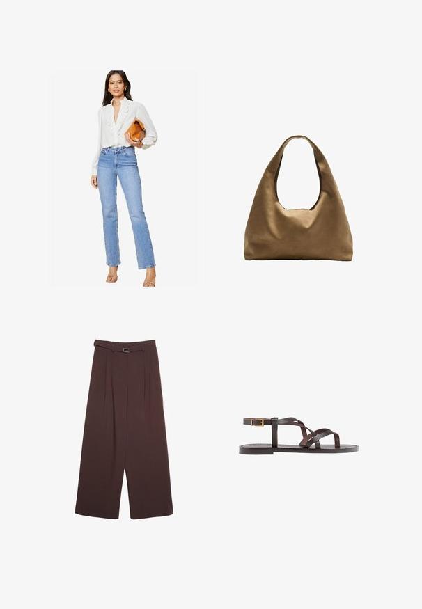 Lipsy REGULAR FIT-RUFFLE PLACKET - Hemdbluse - white; Stradivarius WIDE-LEG WITH BUCKLE DETAIL - Stoffhose - dark brown; Braune Leder-Sandale mit überkreuzten Riemen, einem Knöchelriemen mit Schnalle und einer flachen Sohle mit minimalen Nähdetails.; Braune Stoffschultertasche mit einem breiten, runden Körper und einem großen Ausschnittgriff. Sanfte Textur, minimalistisches Design und keine sichtbaren Beschläge.