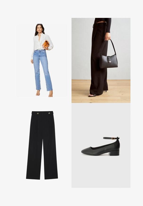 Lipsy REGULAR FIT-RUFFLE PLACKET - Nööpidega pluus - white; Mustad laiad püksid kõrge vöökoha ja nööpdetailidega vööandil, esikortsudega.; Must mustaapp, millel on terav nina ja madal blokk-kand. Omab pahkluu rihma koos kuldse tooni pandlaga. Sile tekstuur.; Must musta kott, millel on struktureeritud kuju, sile tekstuur ja metallist klamber. Kombineeritud laiate mustade pükstega ja avatud varvaste sandaalidega puidust põrandal.