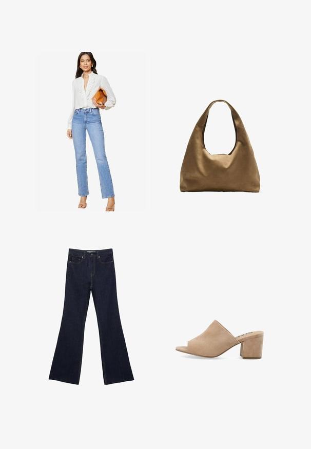 Lipsy REGULAR FIT-RUFFLE PLACKET - Paitapusero - white; Tummansiniset farkkukellot, joissa on perinteinen viiden taskun muotoilu ja näkyvät saumat. Kangas on sileää tekstuuria ja siinä on vain vähän kulumista.; Beige mokasiinit aukiolla ja paksulla korolla, joissa on sileä pinta ja leveä yläosa. Ei näkyviä metalliosia tai kuvioita.; Ruskea kangaskassi, jossa on leveä, pyöristetty muoto ja suuri leikattu kahva. Pehmeä pinta, minimalistinen muotoilu ja ei näkyvää metalliosaa.