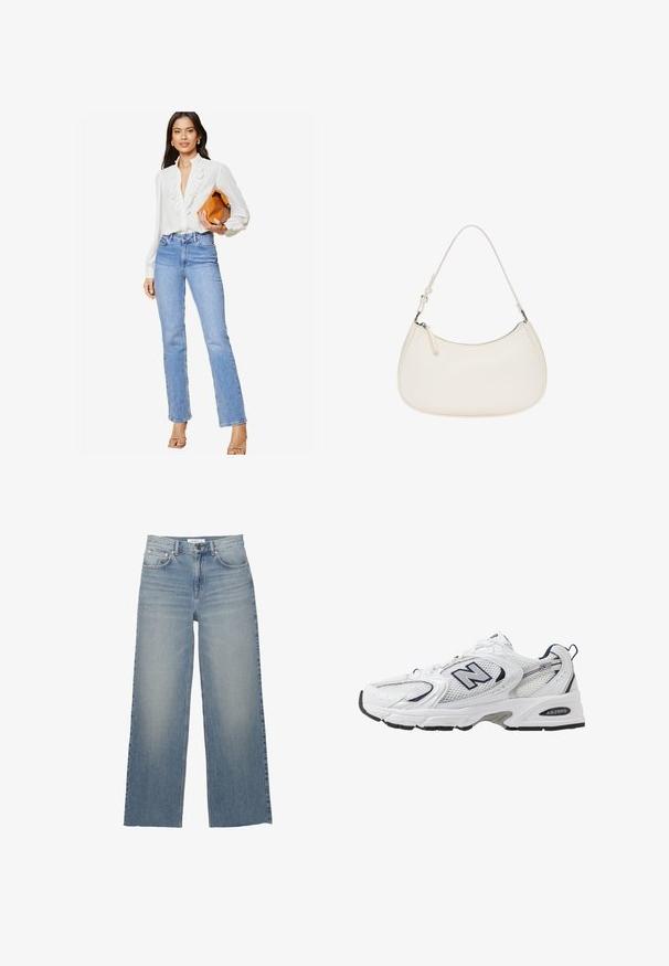 Lipsy REGULAR FIT-RUFFLE PLACKET - Hemdbluse - white; Helle blaue weit geschnittene Jeans aus Denim mit hoher Taille, vorderen Taschen und einem Knopfverschluss. Glatte Textur mit ausgewaschenen Stellen.; Weißer Sportschuh mit Mesh-Obermaterial, navyblauen Akzenten und gepolsterter Sohle. Verfügt über das "N"-Logo, Schnürsenkel und eine strukturierte Detailverarbeitung an der Seite.; Weiße Lederhandtasche mit gebogener Form, verstellbarem Trageriemen und Reißverschlussverschluss oben. Glatte Textur mit minimalen Hardware-Details.
