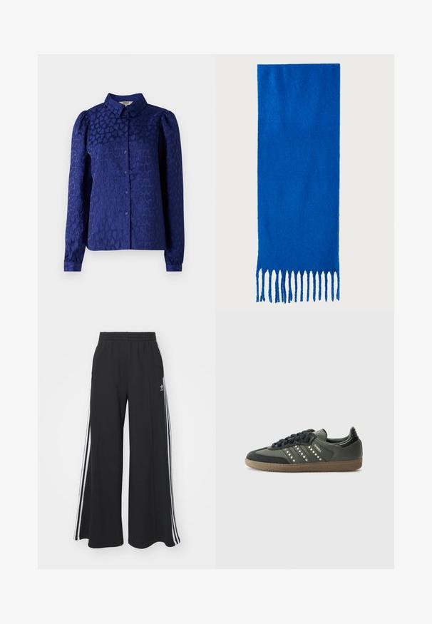 Blusa azul marinho com um padrão texturizado de corações, gola clássica, mangas longas com punhos abotoados e fecho frontal com botões.; Calças de suor largas e pretas com uma cintura elástica, apresentando riscas brancas nas laterais e um logótipo bordado na coxa esquerda.; adidas Originals SAMBA OG - Sapatilhas - core black/legend earth/gum; Cachecol azul com franjas, feito de tecido macio; apresenta uma cor sólida com uma superfície texturizada e franjas cortadas de forma uniforme na parte inferior.