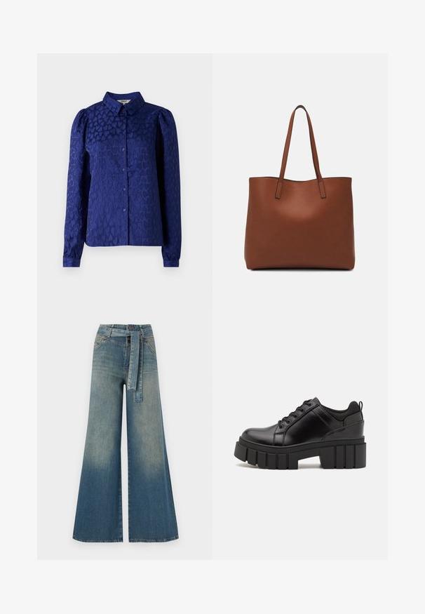 Tumši zils blūze ar strukturētu sirds rakstu, klasisku apkakli, garām piedurknēm ar pogu aprocēm un priekšējām pogām.; Platām kājām džinsu bikses ar gaismas līdz tumši zilam gradientam, augstu jostas līniju, jostas cilpām un atbilstošu auduma jostu. Tekstūrēts džinsas apdare.; Melnas ādas platformas kurpes ar masīvu bloku papēdi, apaļu purngalu un tradicionālu saistīšanas dizainu. Izceļas ar gludu tekstūru un minimālu apdari.; Brūna ādas iepirkumu soma ar gludu tekstūru, atvērta augšdaļa un divas plecu siksnas. Izceļas ar minimālām šuvēm un redzamu aparatūru nav.