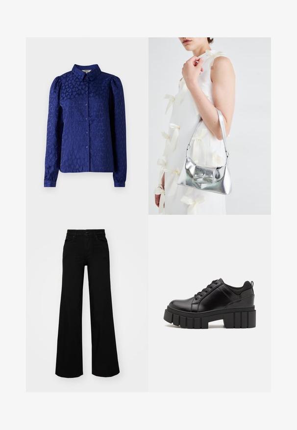 Námořnická modrá blůza s texturovaným srdíčkovým vzorem, klasickým límečkem, dlouhými rukávy s manžetami na knoflíky a předním zapínáním na knoflíky.; Černé široké kalhoty vyrobené z denimu, s pevným pasem, poutky na opasek a předními kapsami. Hladká textura s klasickým designem.; Černé kožené platformové boty s masivním blokovým podpatkem, kulatou špičkou a tradičním šněrováním. Mají hladký povrch a minimální detaily.; Stříbrná kovová kabelka se strukturovaným tvarem, s horním držadlem a detailem v podobě mašle na přední straně. Hladký povrch, reflexní lesk.