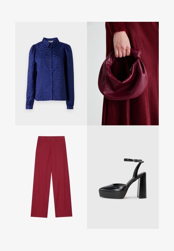 Blusa azul marinho com um padrão texturizado de corações, gola clássica, mangas longas com punhos abotoados e fecho frontal com botões.; Calças de perna larga feitas de um tecido suave e texturizado na cor vermelha escura. Apresentam bolsos frontais e um fecho de botão único na cintura.; Saltos altos pretos com bico fino e atilho ajustável no tornozelo. Confeccionados em couro suave, apresentam um salto bloco robusto.; Bolsa de couro bordô com um design suave e franzido, e uma forma arredondada. A alça é fixa, apresentando uma textura suave.