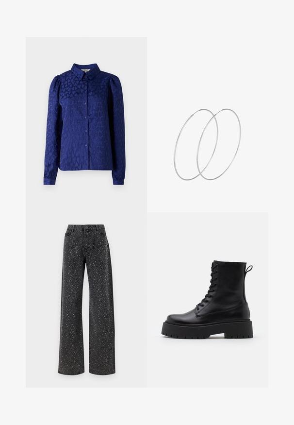 Vojniško modra bluzica z izrazitim vzorcem srčkov, klasičnim ovratnikom, dolgimi rokavi z gumbastimi manšetami in sprednjim gumbastim zapiranjem.; Noisy May NMJANNEL LOOSE - Široke kavbojke - black denim; Črne usnjene gležnjarje z okroglo konico, vezalnim sprednjim delom in debelim gumijastim podplatom z teksturiranim profilom. Zanka na hrbtni strani.; Srebrne uhane v obliki obroča z minimalističnim dizajnom. Krožna oblika, gladka tekstura in tanek profil. Lahki s poliranim zaključkom.