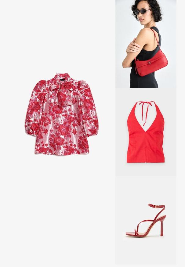 Red halter top with a deep V-neckline, made of textured fabric, featuring a tied neck strap and a fitted cut with a front seam.; Red floral blouse with puff sleeves, high neck, and bow detail. Made of shiny fabric with a pattern of large flowers on a pink background.; ALDO SCINTILLA - High heeled sandals - red; Red leather shoulder bag with a smooth texture, curved design, and a decorative buckle accent. Adjustable strap and zip closure.