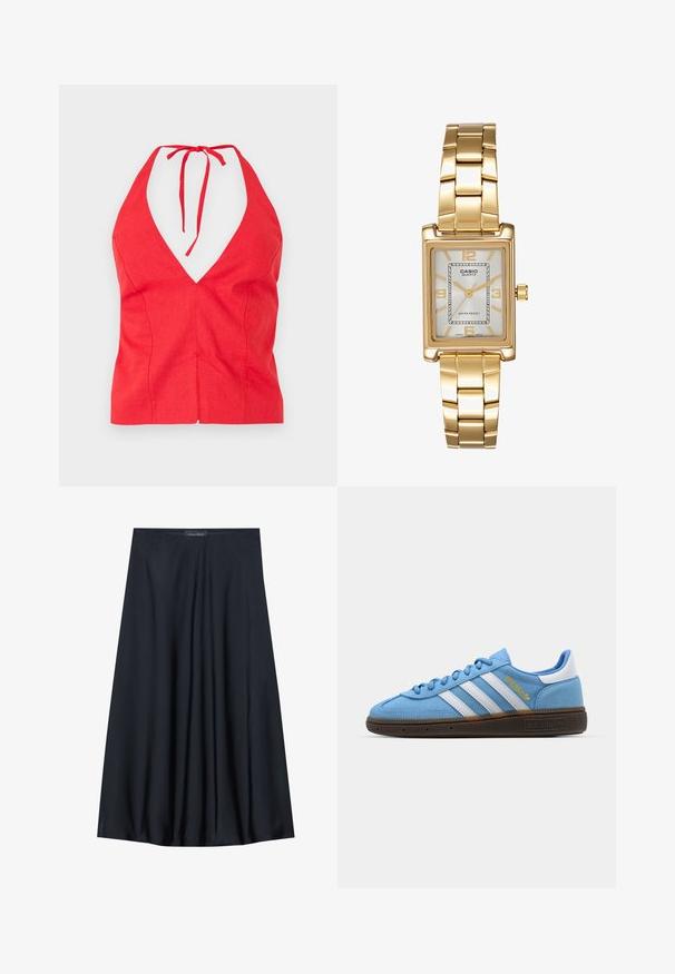 Top halter rosso con scollatura a V profonda, realizzato in tessuto testurizzato, presenta un laccio al collo e una vestibilità aderente con una cucitura frontale.; Gonna nera al ginocchio realizzata in tessuto leggero con un design fluido. Presenta una texture morbida e pieghe sottili per un tocco di dettaglio in più.; Sneakers in suede azzurro chiaro con strisce in pelle bianca, suola marrone texturizzata e dettaglio logo dorato. Design basso con punta tonda.; Orologio da polso rettangolare dorato con quadrante bianco, indicatori delle ore in tono argento e un robusto bracciale in metallo. Include la funzione di resistenza all'acqua.