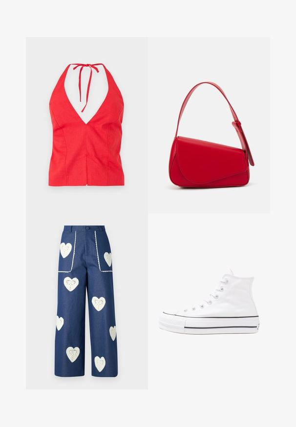 Haut halter rouge avec un décolleté en V profond, fabriqué en tissu texturé, avec une sangle de cou nouée et une coupe ajustée avec une couture à l'avant.; T-shirt en coton blanc avec un grand graphisme de homard rouge vif sur le devant. Manches courtes et design à col rond standard.; Sister Jane HEART TO HEART - Jean droit - blue denim; Baskets montantes en toile blanche avec semelle en caoutchouc noir, capuchon en caoutchouc à l'avant, et six œillets pour les lacets, présentant un design épuré et minimaliste.; Sac à main en cuir rouge avec un design angulaire et géométrique. Il dispose d'une seule sangle ajustable et d'une fermeture à rabat avec un detailing cousu.