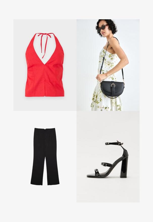 Top halter rosso con scollatura a V profonda, realizzato in tessuto testurizzato, presenta un laccio al collo e una vestibilità aderente con una cucitura frontale.; Pantaloni neri a gamba dritta, con tasche frontali e spacchi laterali all'orlo. Realizzati in tessuto morbido e liscio. Adatti a diverse occasioni.; Sandali con tacco in vernice nera, con punta squadrata, cinturini alla caviglia e fibbie in argento. Presentano un tacco a blocco spesso per maggiore stabilità.; Borsa a tracolla nera in pelle con una forma curva, manico rimovibile e accessori dorati. La borsa presenta una patta con un dettaglio a fibbia.
