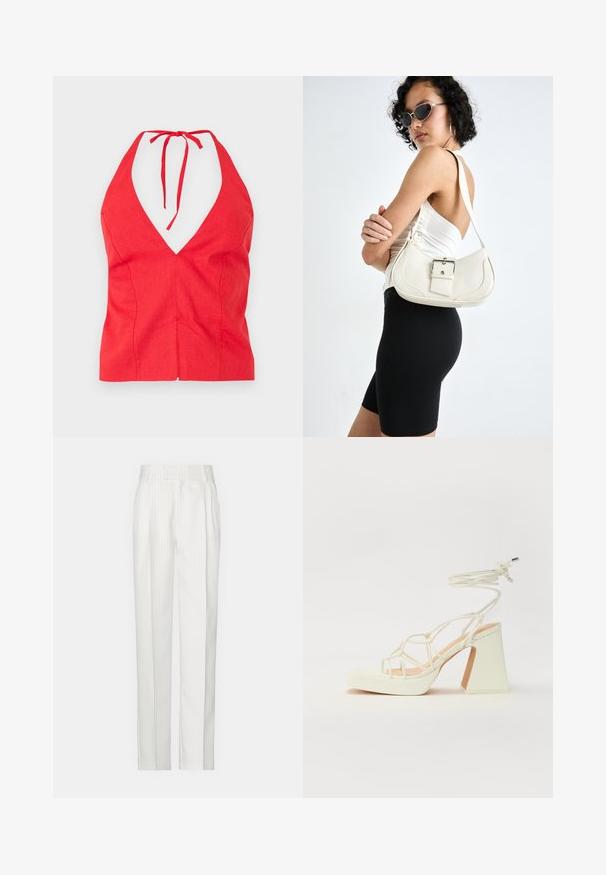 Rød halterneck-top med dyb V-udskæring, lavet af tekstureret stof, med en bundet nakkestrop og en tætsiddende skæring med en søm fortil.; Hvide stikstribede bukser med et lige ben-design, lavet af et let stof. Har foldninger foran og et traditionelt liv.; Hvide højhælede sandaler med en kraftig hæl, der har et stropdesign og ankelbinding. Glat tekstur med en platform foran for ekstra højde.; Hvid læder håndtaske med en buet form, justerbar skulderrem og en lille spænde detalje. Modellen bærer et tætsiddende sort outfit.