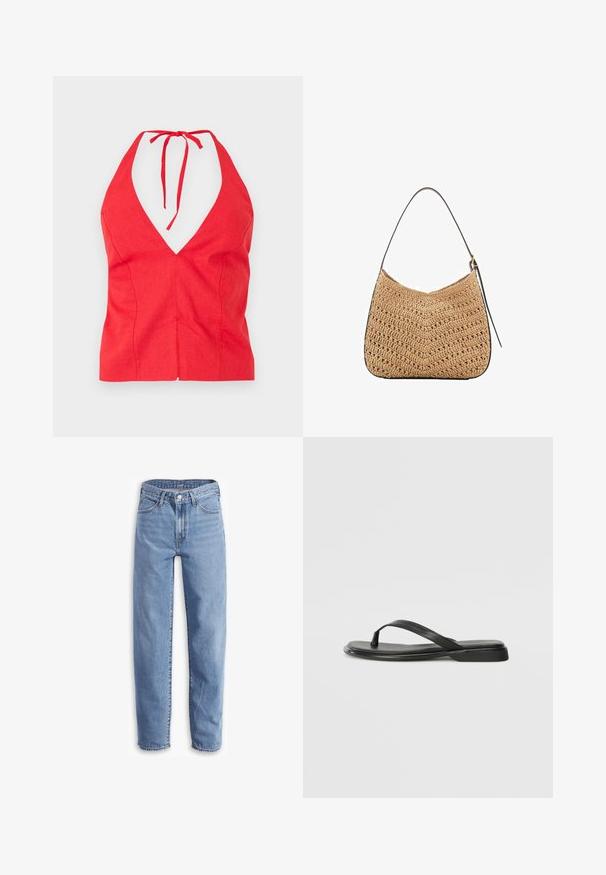 Czerwony top na szyję z głębokim dekoltem w kształcie litery V, wykonany z teksturowanej tkaniny, z wiązanym paskiem na szyi oraz dopasowanym krojem z szwem z przodu.; Jasnoniebieskie dżinsy z denimu o luźnym kroju, prostych nogawkach, pięciu kieszeniach i postrzępionych końcach dla swobodnego wyglądu.; Czarne klapki wykonane z gładkiej skóry, z cienkim paskiem i płaską podeszwą o minimalistycznym profilu. Brak widocznych wzorów lub akcentów.; Woven straw shoulder bag in a curved shape, with a dark leather strap and a textured surface featuring a chevron pattern.