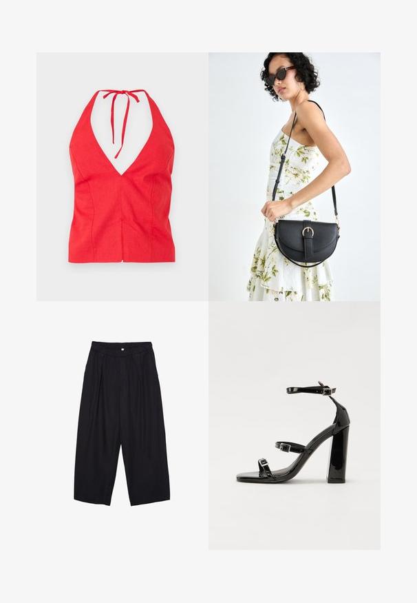 Červený halter top s hlbokým V výstrihom, vyrobený z textilného materiálu, s viazaným krčným popruhom a priliehavým strihom s predným švom.; Čierne polyesterové culotte nohavice s elastickým pásom, dvoma prednými záhybmi a voľným strihom. Žiadne viditeľné vzory ani detaily z kovu.; Čierne lakované sandále na podpätku so štvorcovou špičkou, navlečenými remienkami okolo členku a striebornými prackami. Disponujú masívnym blokovým podpätkom pre stabilitu.; Čierna kožená kabelka s zaobleným tvarom, odnímateľným popruhom a zlatými doplnkami. Kabelka má klopu s detailom s prackou.