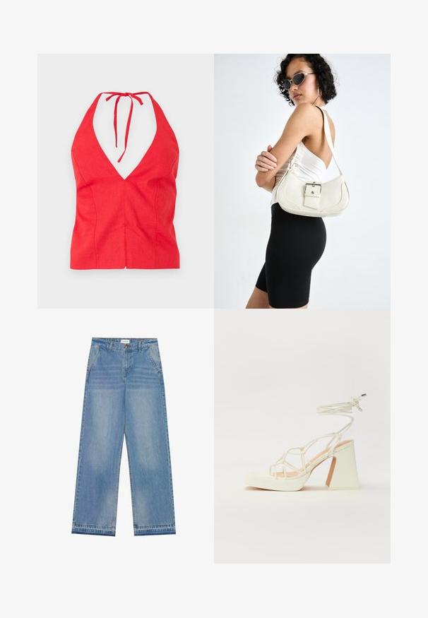 Piros, nyakpántos top, mély V-nyakkivágással, texturált anyagból készült, megkötős nyakrész jellemzi, testhez simuló szabással és elülső varrással.; Világoskék, magas derekú, bő szabású farmernadrág gombos záródással, elülső zsebekkel, övhurkokkal és finom kopott részletekkel.; Fehér, magassarkú szandál vastag sarokkal, pántos dizájnnal és bokapánttal. Sima textúra, elülső platformmal a megnövelt magasság érdekében.; Fehér bőr kézitáska ívelt formával, állítható pánttal és egy kis csattal. A modellen fitted fekete ruha van.