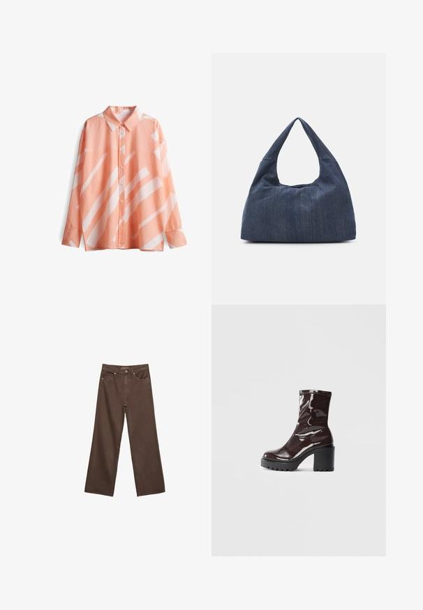 Peach shirt with a collared neckline, long sleeves, and white geometric patterns. Soft, lightweight fabric with a relaxed fit.; Wide-leg brown jeans made of denim, featuring a high waist, front pockets, and a classic button closure. Smooth texture with subtle stitching.; Glossy burgundy ankle boot with a chunky black heel, featuring a smooth texture and simple design. No visible fastenings or patterns.; Dark blue denim bag with a soft, slouchy shape, featuring a hobo-style handle and textured surface. No visible hardware accents.