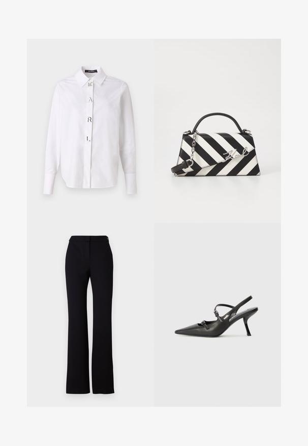 White cotton shirt with a classic collar, featuring decorative letters “K”, “A”, “R”, “L” in silver on the front. Long sleeves, tailored fit.; Black trousers featuring a straight cut, smooth texture, and a waistband with a single button closure. No visible patterns or accents.; Black leather slingback heels with a pointed toe, slender heel, and decorative buckle detail on the vamp. Smooth texture and sleek design.; Black and white striped handbag with a structured shape, featuring a top handle, a detachable chain strap, and metallic logo accent.