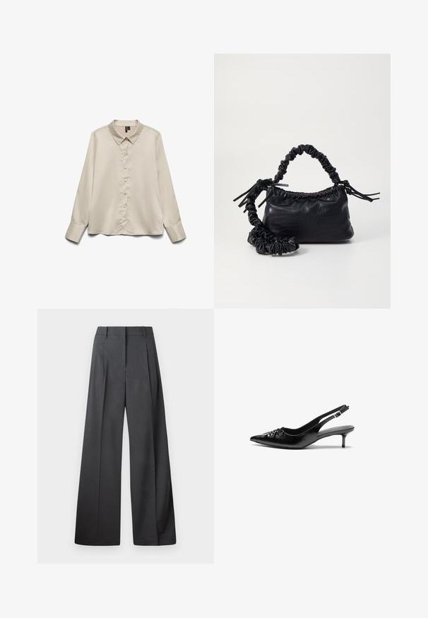 Svetlo béžová blúzka s dlhým rukávom vyrobená z hladkej látky, s špicatým golierom, úplným zapínaním na gombíky a gombíkovými manžetami s jedným gombíkom.; Nohavice s širokými nohavicami z tmavošedej látky, s vysokým pásom, jedinými záhybmi a hladkou textúrou s čistým zakončením na lemoch.; Čierne kožené slingback podpätky s ostrou špičkou, malým podpatkom a dekoratívnym uzlom vpredu. Hladký povrch po celom obvode.; Čierna umelá kožená kabelka s kroko vzorom, sťahovaným vrchom a zhnutým popruhom. Vyzerá mäkko a kompaktné v dizajne.
