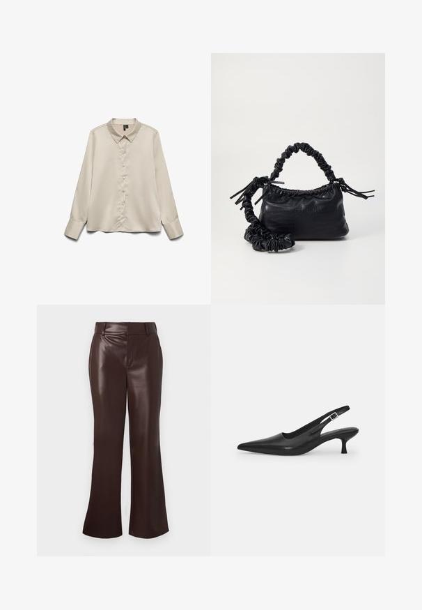 Light beige long-sleeve blouse made of smooth fabric, featuring a pointed collar, full button closure, and single-button cuffs.; Brown faux leather flared pants with a smooth texture, featuring a belted waist and a zip fly. Clean lines and a sleek silhouette.; Black leather slingback shoe with a pointed toe and a slim, curved heel. Features a discrete adjustable strap with a metal buckle.; Black faux leather handbag with a crocodile texture, cinched top, and a scrunched strap. Appears soft and compact in design.