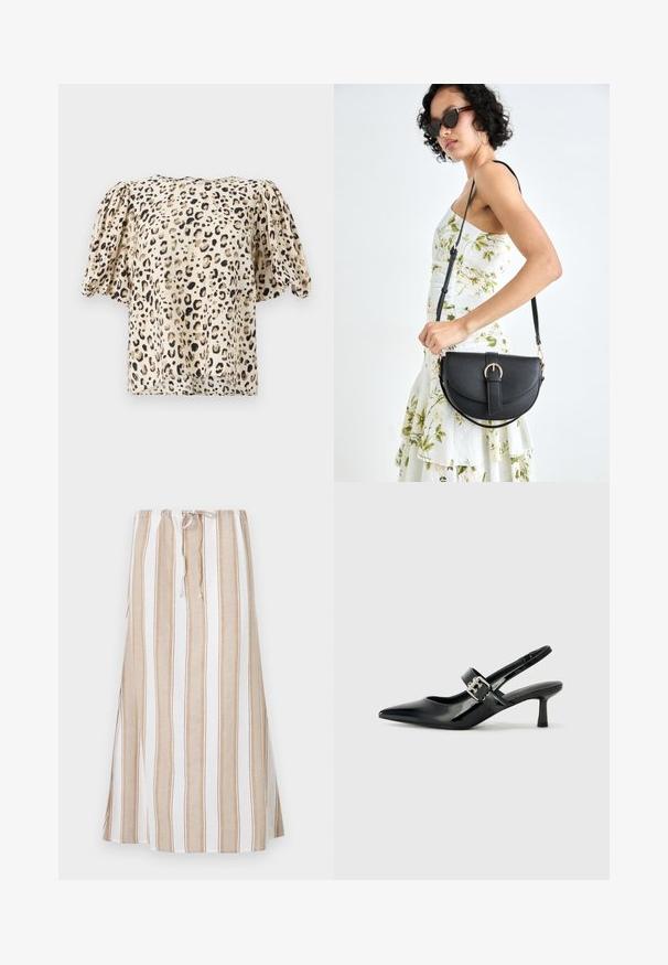 Blouse beige à manches courtes avec un motif léopard. Le tissu a une texture lisse, avec des manches légèrement bouffantes et une coupe carrée.; Jupe rayée blanche et marron clair, dotée d'une taille à cordon de serrage et d'une coupe longue et fluide. Fabriquée en tissu léger avec une coupe décontractée.; Escarpins slingback en cuir verni noir avec un bout pointu et un petit talon bloc, mettant en avant un accent en boucle argentée sur la sangle.; Sac à main en cuir noir avec une forme courbée, bandoulière amovible et des accessoires en or. Le sac est doté d'un rabat avec un détail de boucle.