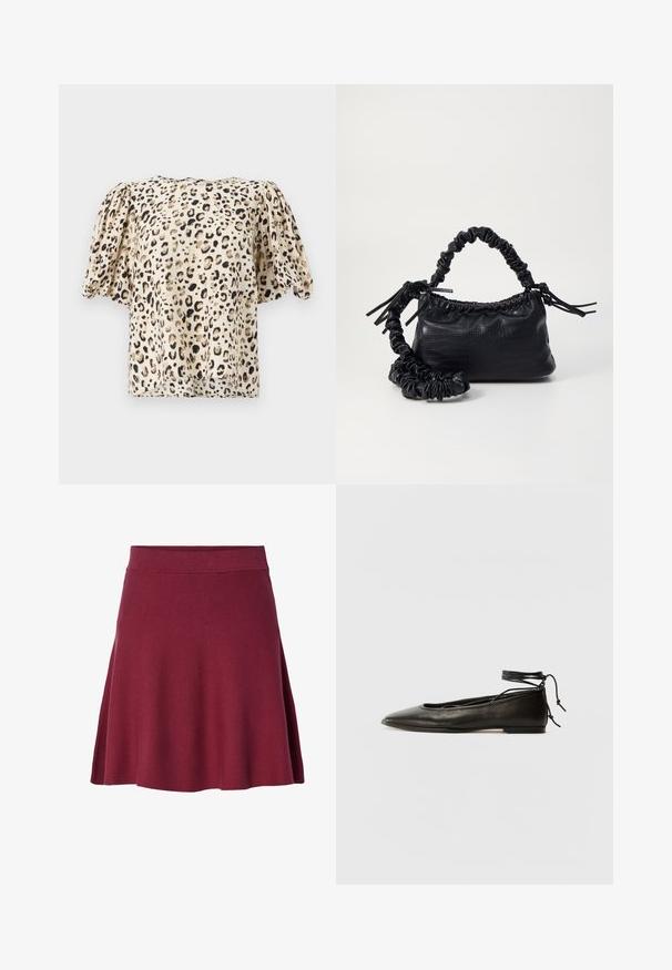 Rövid ujjú, bézs blúz leopárdmintával. Az anyag sima tapintású, enyhén puffos ujjakkal és dobozos fazonnal rendelkezik.; Burgundi színű, térdhez érő szoknya, puha, rugalmas anyagból készült; bővülő fazonnal, sima derékpánttal, látható záródások vagy minták nélkül.; Fekete bőr balettcipők hegyes orral, bokakötővel és lapos talppal, sima textúrával és minimalista dizájnnal.; Fekete műbőr kézi táska krokodil bőr textúrával, összehúzható tetejű és gyűrt pánttal. Lágy és kompakt dizájnúnak tűnik.