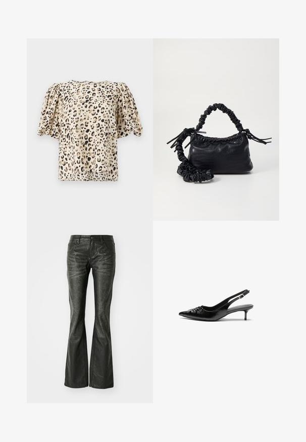 Trumpas rankovėmis, beige bliusoną su leopardų raštu. Medžiaga turi glotnią tekstūrą, šiek tiek pūstos rankovės ir kvadratinė forma.; Juodos dirbtinės odos flared džinsai su priekinėmis kišenėmis, metaliniu mygtuko uždarymu ir šiek tiek tekstūruota paviršių. Tiesūs džinsai su ilgu kirpimu.; Juodos odinės slingback aukštakulniai su smailiu nosiu, mažais katės kulnais ir dekoratyvine mazgo detale priekyje. Visas paviršius lygus.; Juodas dirbtinės odos rankinė su krokodilo tekstūra, sušnibždinta viršuje ir susikraipytu dirželiu. Atrodo minkšta ir kompaktiška.