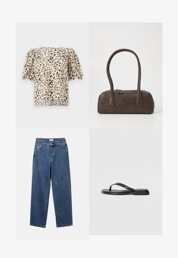 Bežová blúzka s krátkymi rukávmi, zdobená leopardím vzorom. Tkanina má hladkú textúru, s mierne vyp puffenými rukávmi a hranatým strihom.; Klasické modré džínsy z denimu so strihom rovného strihu, piatimi vreckami a zapínaním na gombík. Majú stredné praním a pevnú textúru.; Čierne šľapky vyrobené z hladkej kože, s tenkým pásikom a plochou podrážkou s minimalistickým profilom. Bez výrazných vzorov alebo akcentov.; Hnedá kožená kabelka s dvoma pevným uchami, obdĺžnikovým tvarom, hladkým povrchom a zipsovým uzáverom. Minimalistický dizajn bez viditeľných vzorov.