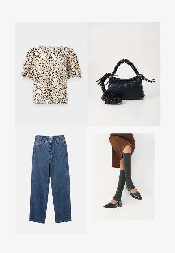Short-sleeved, beige blouse featuring a leopard print. The fabric has a smooth texture, with slightly puffed sleeves and a boxy shape.; Classic blue denim jeans with a straight-leg design, five pockets, and a button closure. Features a medium wash and sturdy texture.; Black patent leather pointed-toe shoes with a block heel and ankle strap, paired with gray ribbed leg warmers and a brown suede skirt.; Black faux leather handbag with a crocodile texture, cinched top, and a scrunched strap. Appears soft and compact in design.