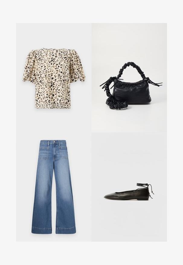 Kurzärmlige, beige Bluse mit Leopardenmuster. Der Stoff hat eine glatte Textur, mit leicht puffierten Ärmeln und einer kastenförmigen Silhouette.; Weite blaue Denim-Jeans mit hoher Taille, zwei Fronttaschen und zwei Gesäßtaschen, mit einem sauberen Finish und subtilen Auswaschungen.; Schwarze Leder-Ballerinas mit spitzem Zehenbereich, Knöchelband und flacher Sohle, die eine glatte Textur und ein minimalistisches Design aufweisen.; Schwarze Handtasche aus Kunstleder mit Krokodilstruktur, gerafftem oberen Teil und einem geschoppten Tragegurt. Sie wirkt weich und kompakt im Design.