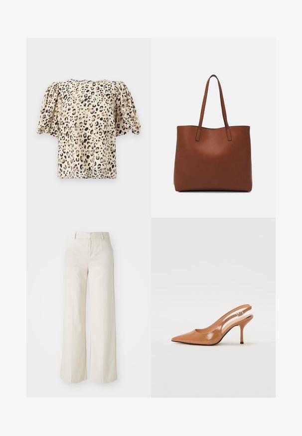 Kurzärmlige, beige Bluse mit Leopardenmuster. Der Stoff hat eine glatte Textur, mit leicht puffierten Ärmeln und einer kastenförmigen Silhouette.; Weite Hosen in einem hellbeigen Farbton, aus einem glatten Stoff gefertigt. Mit einem klassischen Bund und flachem Vorderteil, das klare Linien zeigt.; Spitz zulaufender Slingback-Absatz aus einem glatten, glänzenden, tanfarbenen Material. Mit einem geschwungenen Ausschnitt-Design und einem schlanken Stiletto-Absatz. Silberne Schnallendetails.; Braune Leder-Tote mit glatter Textur, offenem Oberteil und zwei Schulterriemen. Verfügt über minimale Nähte und keine sichtbaren Beschläge.