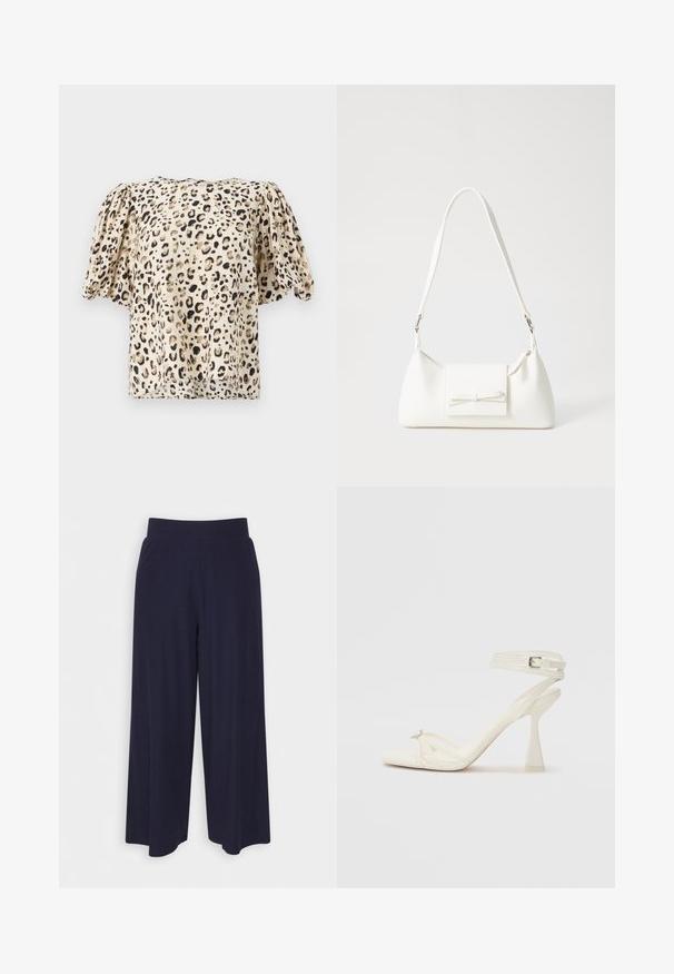 Kortärmad, beige blus med leopardmönster. Tyget har en slät yta, med något pösiga ärmar och en boxig form.; Breda byxor i mörk marinblått tyg med ribbat mönster. Har en slät midjeband och en svängd silhuett som når till mitten av vadbenet.; Remmar högklackad sandal i vitt läder med en elegant design, en genomskinlig blockklack och en dekorativ detalj vid tån.; Vit syntetisk handväska med triangulär form, platt framklaff och rosettdetalj, justerbar rem, slät textur och minimalistisk design.