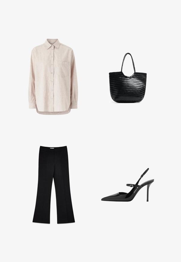 Ellos Collection Camicia - beige; Pantaloni neri a zampa d'elefante con una texture liscia, due pince frontali e una vita a media altezza, progettati per una vestibilità sartoriale.; Slingback in vernice nera con tacco a stiletto, punta affusolata e cinturino regolabile. Superficie liscia con finitura lucida.; Borsa a spalla intrecciata nera con parte superiore arrotondata, cuciture laterali e due manici intrecciati. Presenta un motivo testurizzato e un ampio interno.