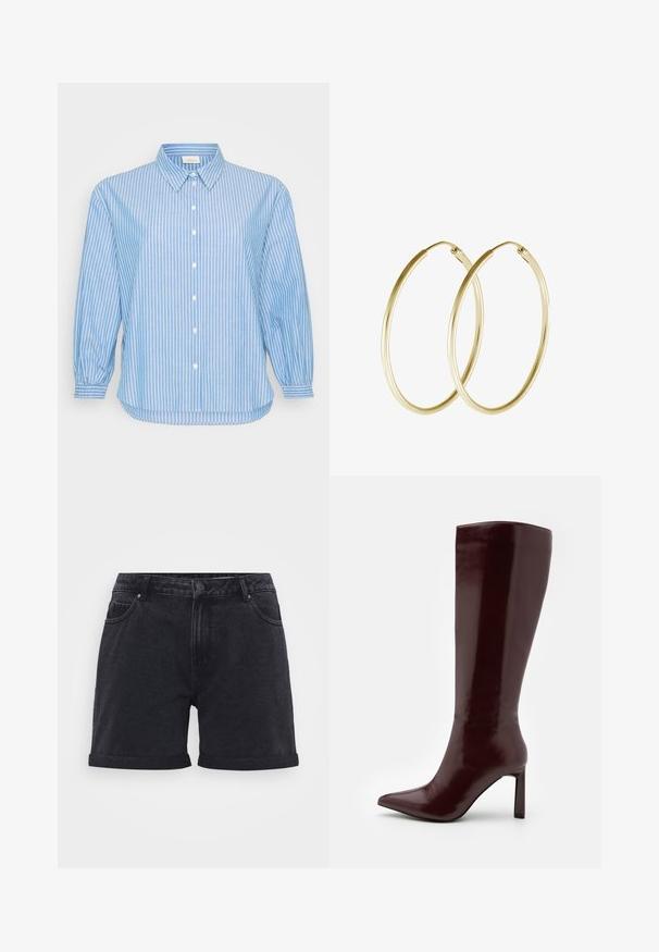 Šviesiai mėlynas marškiniai su ilgomis rankovėmis, pagaminti iš audinio su baltais vertikaliais dryžiais. Yra apykaklė, ilgomis rankovėmis su elastingais rankogaliais ir apvaliu lenkimu.; Juodi džinsinio audinio šortai su klasikinio dizaino elementais, turi sulenktas kraštines, diržo kilpas ir priekines kišenes. Sklandus paviršius su subtiliais siuvimo detalėmis.; Even&Odd Batai - dark red; Aukso auskarai žiedai su lygia, apvali forma ir blizgiu paviršiumi. Lengva konstrukcija su saugiu užsegimu.