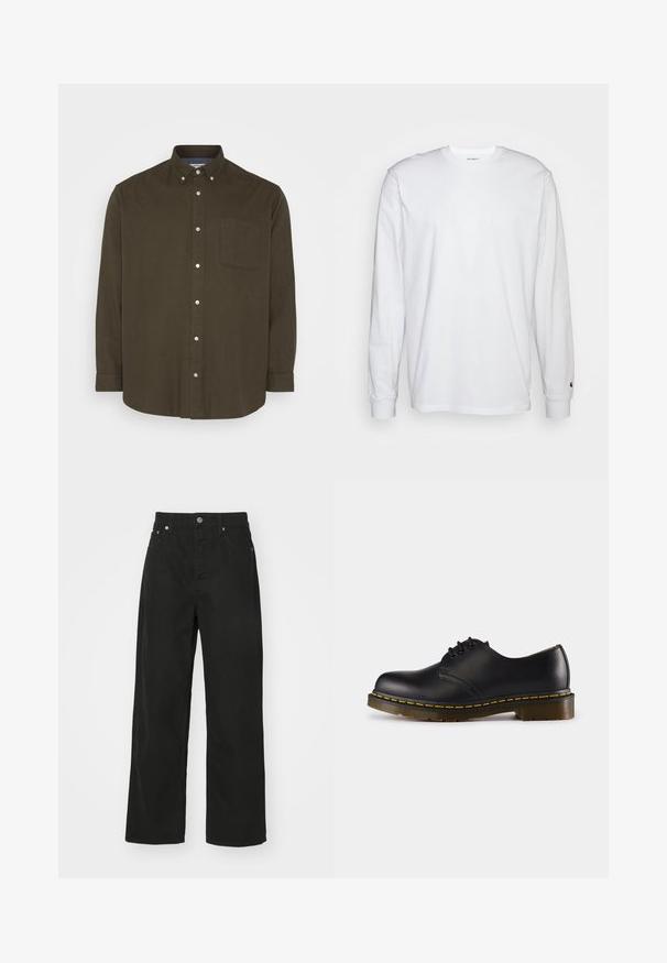 Jack & Jones JPRBLUNORRIS SHIRT - Cămașă - peat; Tricou alb cu mâneci lungi, din bumbac. Design cu guler rotund, cu manșete ribbate și un logo mic pe mâneca stângă. Textură netedă.; Pantaloni din denim negru cu un design drept, având cinci buzunare, închidere cu nasture și un brâu clasic. Textură netedă.; Pantof de piele neagră cu vârful rotunjit, design cu șireturi, cusătură galbenă de-a lungul tălpii și o talpă din cauciuc texturat, masivă.