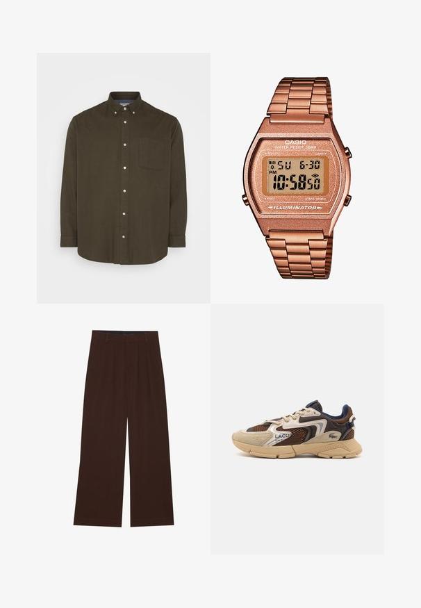 Jack & Jones JPRBLUNORRIS SHIRT - Skjorte - peat; Brune vide benbukser med plisseringer. Laget av et glatt stoff, med skjært midjebånd og sidelommer. Flat kant nederst.; Beige og brun sneaker med teksturerte mesh-paneler, semsket skinndetaljer, og gummisåle. Har snøring og merkeinformasjon.; Digital Casio klokke med en roségull metallrem, rektangulært hus, belyst skjerm og vannmotstand, som viser tid og dato.
