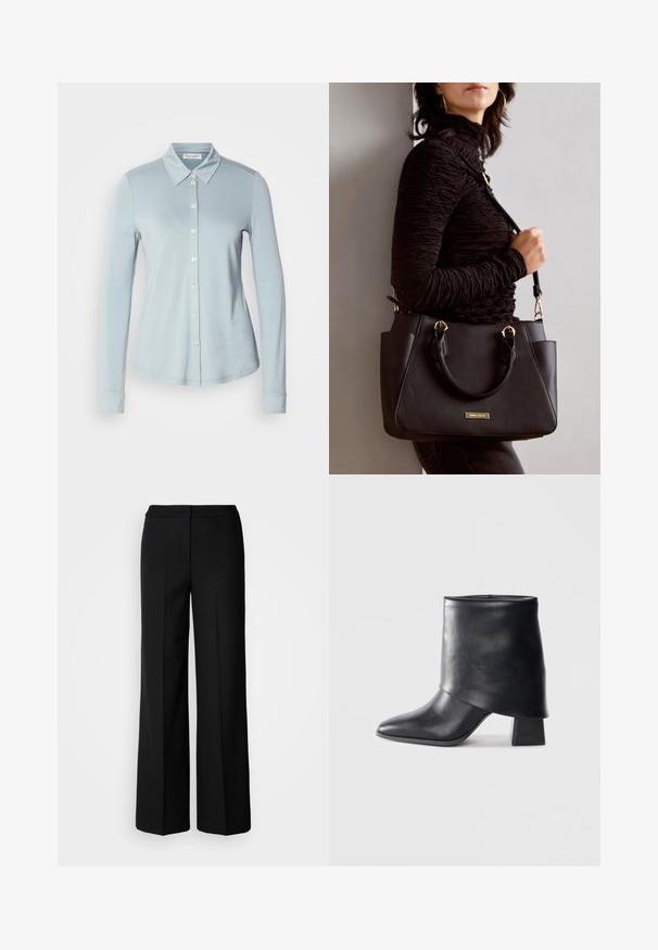 Light blue long-sleeve shirt with a collared neck, front button closure, and smooth, textured fabric. Features tailored fit and cuffed sleeves.; Black wide-leg trousers with a smooth fabric, featuring a high waist, tailored seams, and a minimalist design. No visible hardware or pockets.; Black leather ankle boot with a pointed toe, smooth texture, and a structured block heel. Features a high, folded cuff design.; Black handbag with textured surface, dual top handles, and adjustable shoulder strap. Features gold-tone hardware and side pockets.