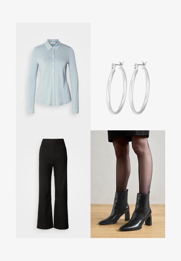Helles blaues Langarmshirt mit Kragen, Knopfleiste vorne und glattem, texturiertem Stoff. Hat eine taillierte Passform und geknöpfte Ärmel.; Schwarze weit geschnittene Hosen mit glatter Textur, hoher Taille und klarem Design. Keine sichtbaren Taschen oder Verzierungen.; Schwarze Leder-Ankle-Boots mit spitzer Zehenform, klobigem quadratischem Absatz und schlankem Design. Verfügt über elastische seitliche Einsätze für leichtes An- und Ausziehen.; Silberne Creolen mit einer glatten, polierten Oberfläche. Runder Form und sicherem Klickverschluss. Leichtes Design, geeignet für den täglichen Gebrauch.