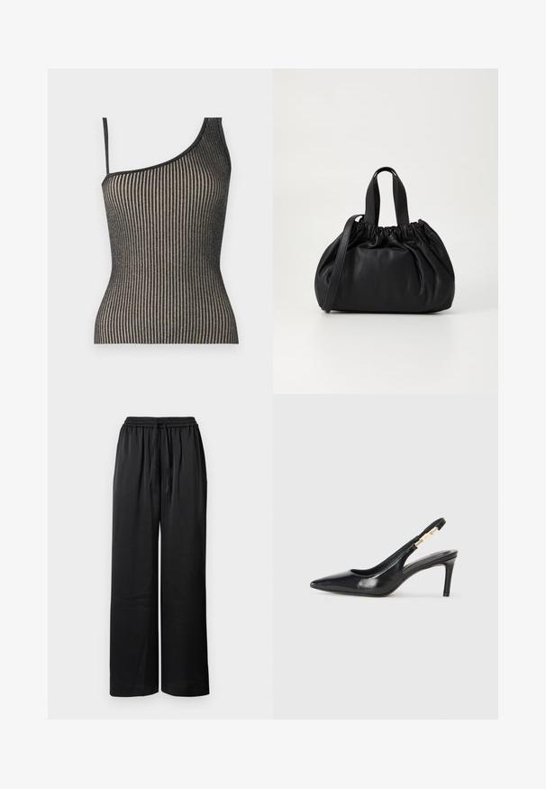 Fekete és arany csíkos, egyszámos vállú felső vékony pántokkal, amely formázott fazonú és finoman fénylik.; Fekete, bőszárú nadrág elasztikus derékkal, zsinóros záródással és sima textúrával. Kényelmes és szabad mozgást biztosító laza szabással rendelkezik.; Fekete bőr, slingback magas sarkú cipő, hegyes orral, sima textúrával és keskeny bokapánttal, arany fémrészletekkel.; Fekete bőr kézitáska, összegyűrt felső dizájnnal, két rövid fülekkel és egy hosszú, állítható pánttal. Simább textúra, lekerekített forma.