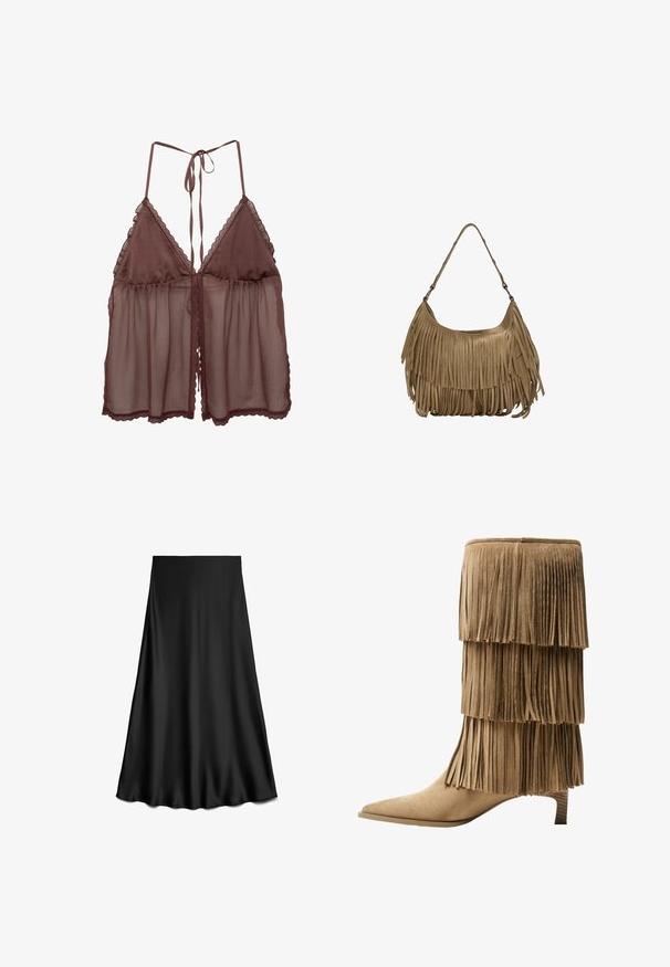 Smeđe prozirno donje rublje s laganim krojem, trokutastim čašicama i podešivim vezicama. Ima nježnu čipkastu obrubu duž rubova i donjeg dijela.; Crna satenska suknja u A-kroju s glatkom teksturom, dužine do koljena, sa jednostavnim, čistim dizajnom bez ukrasa ili uzoraka.; Kratka čizma od tan sueda s tri sloja rese. Oštri vrh i niska blok peta. Glatka tekstura kroz cijelu čizmu.; Smešena smeđa suđena torba s dugim resicama, zakrivljenim oblikom i jednim remenom za rame. Ima glatku, teksturiranu površinu.