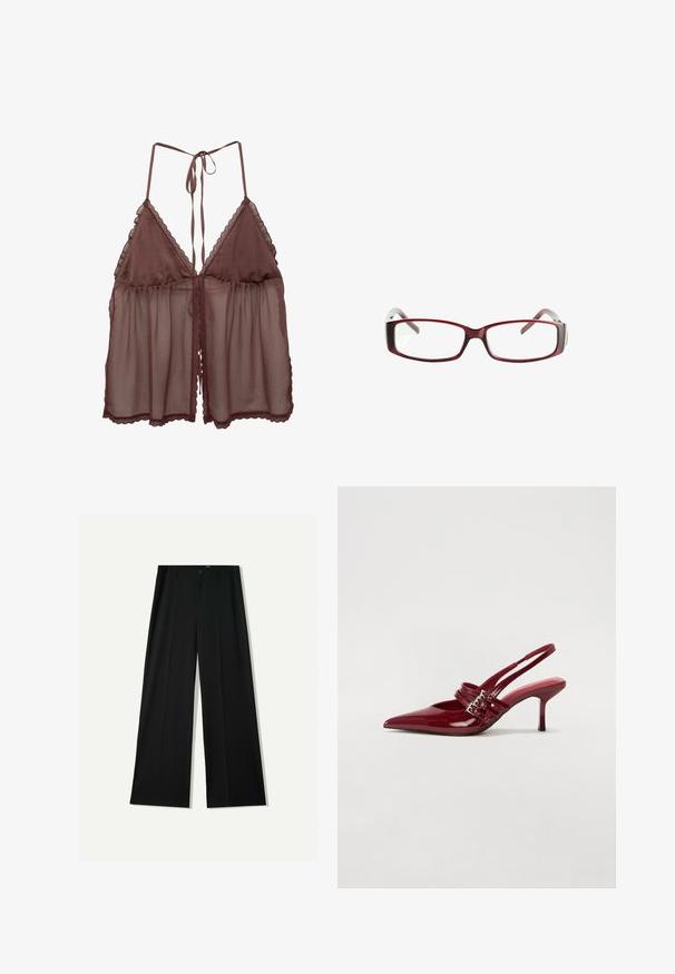 Rjava prosojna spodnja oblačila z ohlapnim krojem, trikotnimi skodelicami in nastavljivimi vrvico. Ima nežne čipkaste obrobe ob robovih in robu.; Bershka WIDE - Hlače - black; Rde lakirane sandalete na peto s ostrim nosom, dvema sponkami in tanko, srednje visokim peto središče. Gladka tekstura.; Rdeče pravokotne očalno okvirje s eleganten dizajn. Jasne leče, rahlo prosojne temple in gradientni učinek od rdeče do sive.