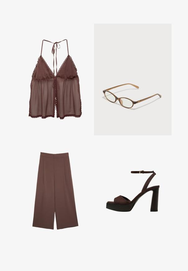 Smeđe prozirno donje rublje s laganim krojem, trokutastim čašicama i podešivim vezicama. Ima nježnu čipkastu obrubu duž rubova i donjeg dijela.; Smeđe hlače širokog kroja s glatkom teksturom, koje imaju visok struk i nabore sprijeda. Tkanina je lagana i slobodno se kreće.; Smeđe zamšaste sandale s visokim potpeticama, otvorenim prstima, podesivom trakicom oko gležnja i prugastom platformom.; Smeđe skupe naočale s ovalnim lećama, tankim drškama i prozirnim akcentima. Ima suptilan logo na sljepoočnici. Elegantan, lagan dizajn.