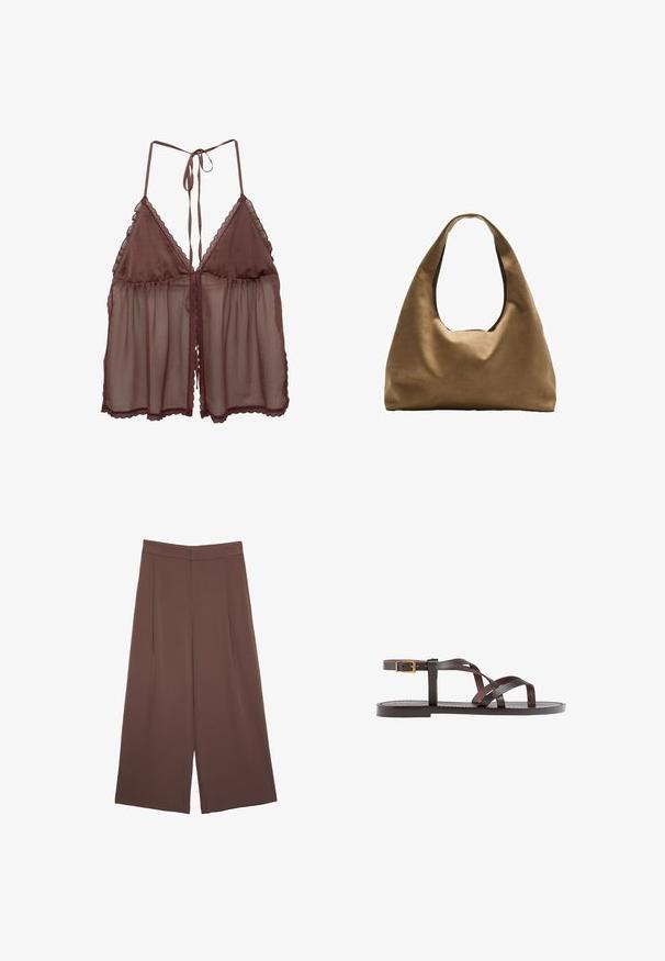 Braune transparente Unterwäsche mit lockerer Passform, dreieckigen Cups und verstellbaren Bindebändchen. Verziert mit zartem Spitzenbesatz entlang der Kanten und dem Saum.; Braune Weite-Leg-Hosen mit einer glatten Textur, hoher Taille und Vorderfalten. Der Stoff ist leicht und fällt locker.; Braune Leder-Sandale mit überkreuzten Riemen, einem Knöchelriemen mit Schnalle und einer flachen Sohle mit minimalen Nähdetails.; Braune Stoffschultertasche mit einem breiten, runden Körper und einem großen Ausschnittgriff. Sanfte Textur, minimalistisches Design und keine sichtbaren Beschläge.