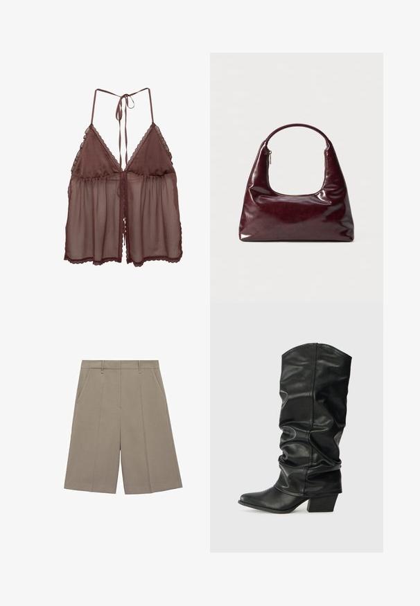 Brun gennemsigtig lingeri med løs pasform, trekantede skåle og justerbare bindebånd. Har delikat blonder trim langs kanterne og nederkanten.; Beige plisserede shorts med lige pasform, der har bæltestropper og sidelommer. Fremstillet af glat, letvægtsstof.; Sorte læderknæhøje støvler med et skrånet design, spids tå og chunky hæl, der har en glat overflade og minimal syning.; Bordeaux læder taske med en glat overflade, rund håndtag og en lynlåsåbning; har et slankt, minimalistisk design.