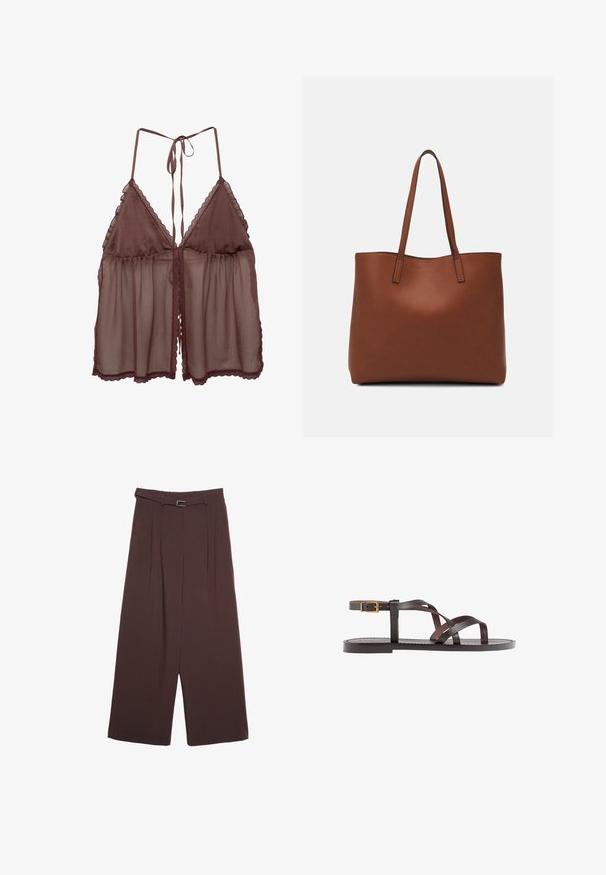 Hnedé priesvitné prádlo s voľným strihom, trojuholníkovými košíčkami a nastaviteľnými viazacími ramienkami. Obsahuje jemnú čipkovanú obrubu pozdĺž okrajov a lemu.; Stradivarius WIDE-LEG WITH BUCKLE DETAIL - Nohavice - dark brown; Hnedé kožené sandály s krížovými popruhmi, uzatváraním na pracku okolo členku a plochou podrážkou s minimálnymi ševmi.; Hnedá kožená taška na rameno s hladkou textúrou, otvoreným vrchom a dvoma ramenými popruhmi. Má minimálne šitia a žiadne viditeľné kovania.