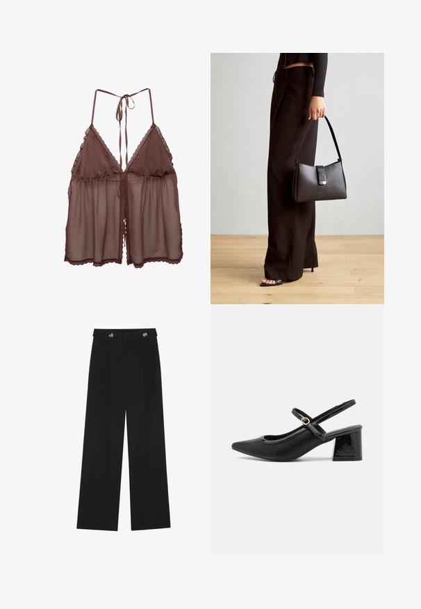 Braune transparente Unterwäsche mit lockerer Passform, dreieckigen Cups und verstellbaren Bindebändchen. Verziert mit zartem Spitzenbesatz entlang der Kanten und dem Saum.; Schwarze weite Hosen mit hoher Taille, Knopfdetails am Bund und vorderen Falten.; Schwarze Lackleder-Slingback-Absätze mit spitzer Zehenform, einem runden Ausschnitt-Design und einem Blockabsatz. Mit einem goldfarbenen Schnallenakzent.; Schwarze Handtasche mit strukturierter Form, glatter Textur und einem metallischen Verschluss. Kombiniert mit weiten schwarzen Hosen und offenen Sandalen auf einem Holzboden.