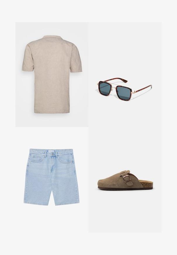 Camicia beige in lino a maniche corte con colletto, caratterizzata da un tessuto testurizzato e orlo dritto, senza motivi o accenti visibili.; Shorts in denim azzurro chiaro con taglio dritto, dotati di tasche frontali, chiusura con bottone e rifinitura sbiadita. Design classico a cinque tasche.; Zoccolo in suede marrone con punta tonda, cinturino regolabile e soletta in sughero. La suola è scura e presenta un design testurizzato per una migliore presa.; Occhiali da sole tartarugati con lenti grigie scure, forma quadrata, dettagli in metallo dorato e steli sottili con un particolare motivo a strisce.